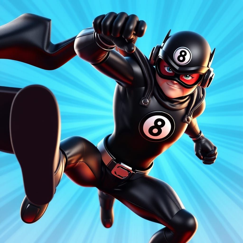 Sleek Black Eight Ball Superhero in Dynamic Action Pose