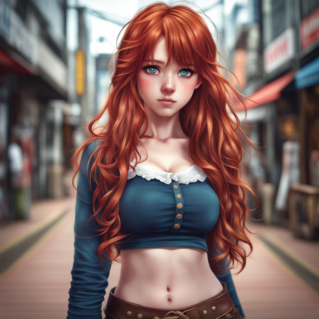 Anime Girl with Red Hair and Big Eyes