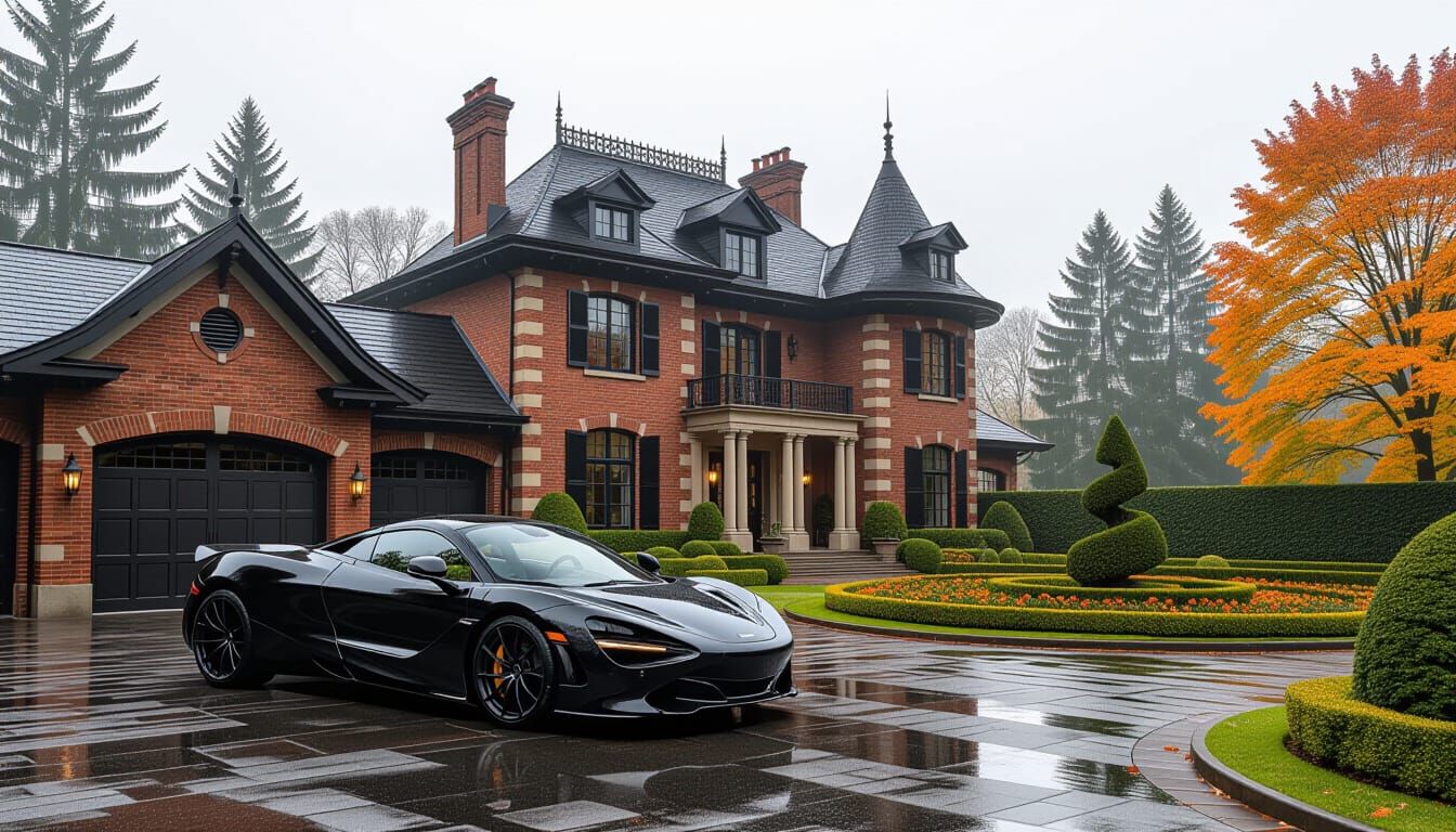 Victorian Chateau with McLaren in Misty Autumn Landscape