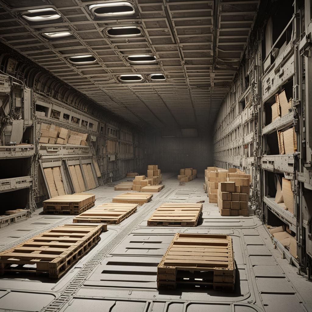 Battered Spaceship Cargo Bay with Pallet Storage