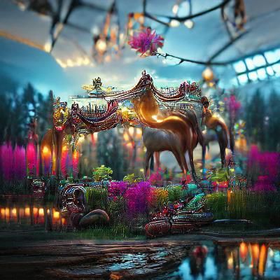 Magical Forest Circus with Golden Carousel, Hyperrealism
