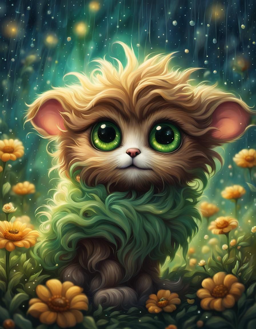 Fluffy Fantasy Creature in Flower Rain