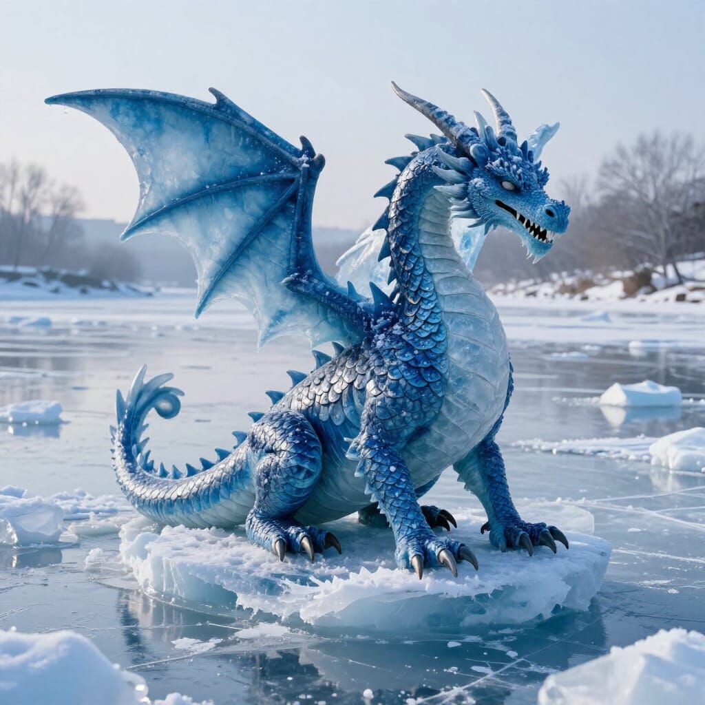 Majestic Ice Dragon in Winter Moonlit Landscape