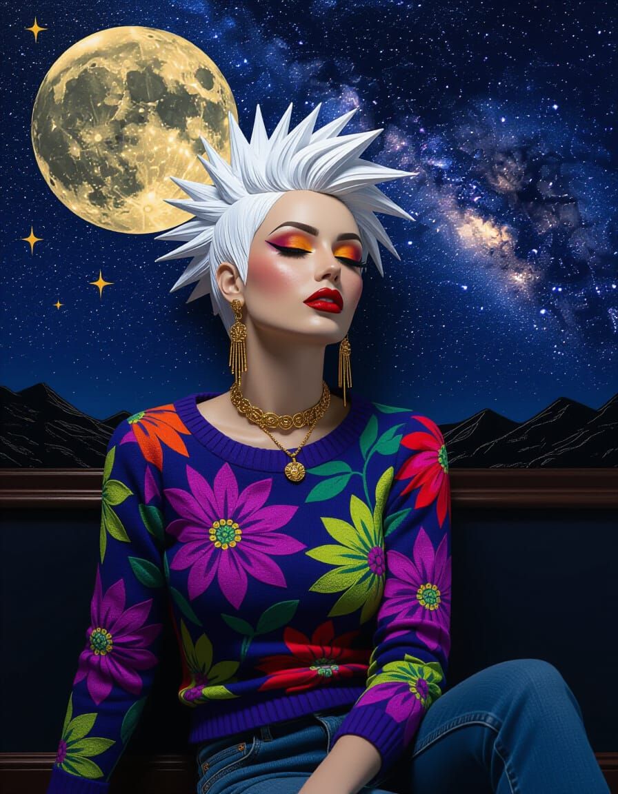 Emo Rock Woman in Starry Night, Encaustic Bas-Relief Style