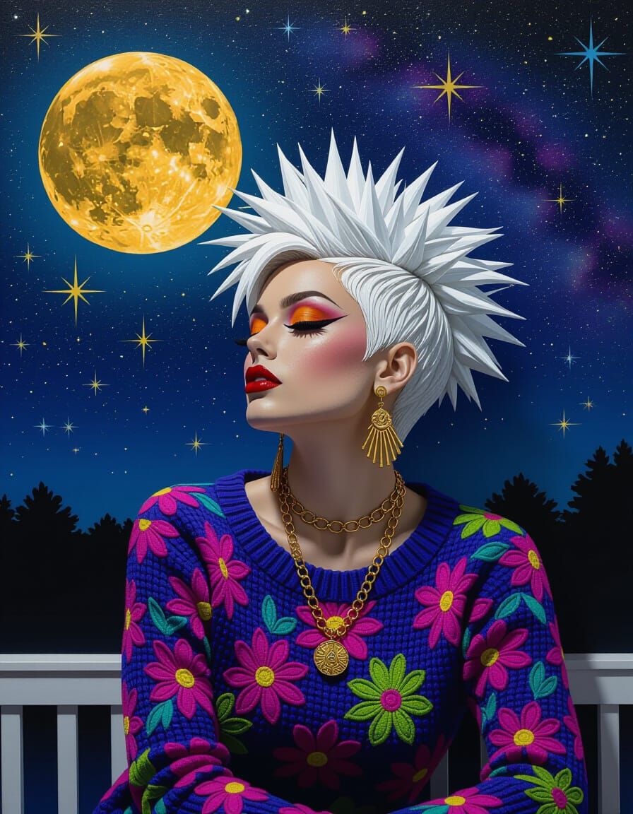 Sultry Emo Woman in Starry Night Room