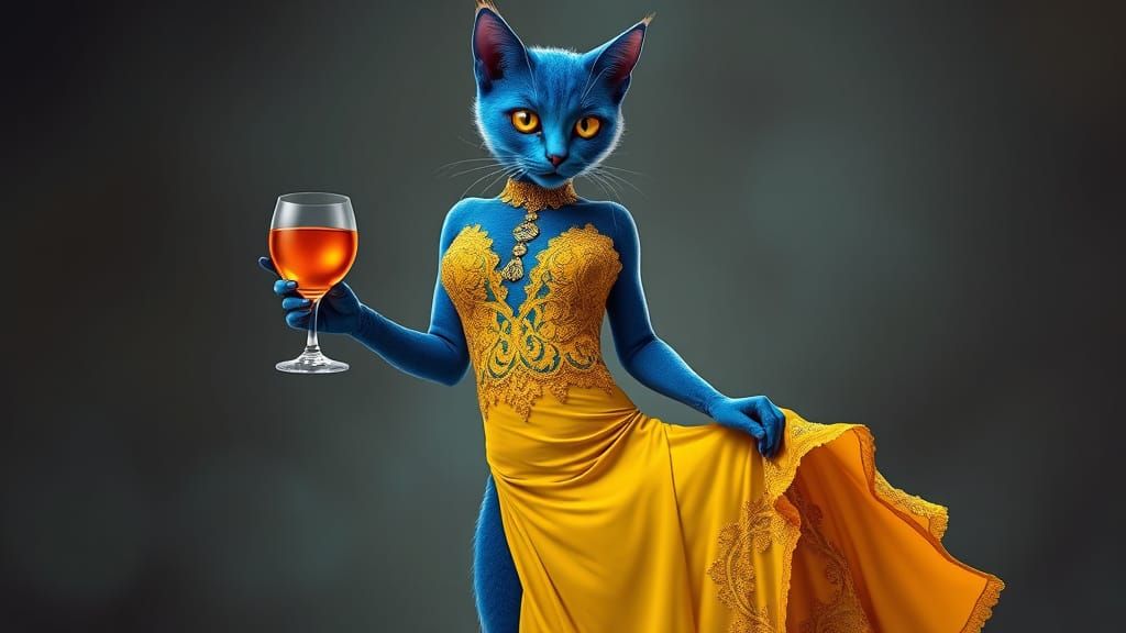 Blue Catgirl in Yellow Gown, Photorealistic 8k