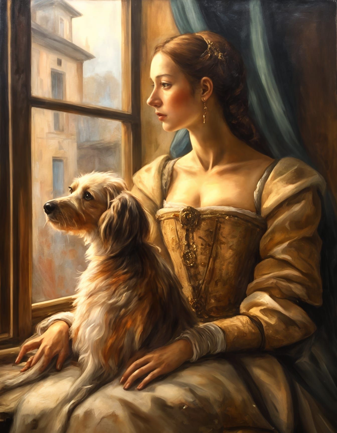 Sad Noblewoman Overlooks Rainy Courtyard: Oil Painting