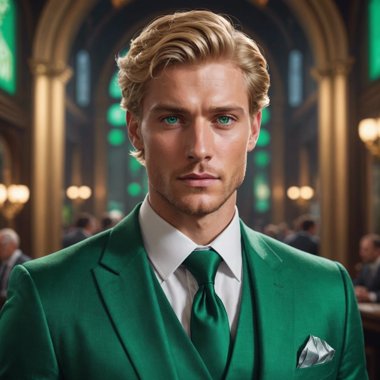 Handsome Blond Man in Emerald Green Suit Portrait