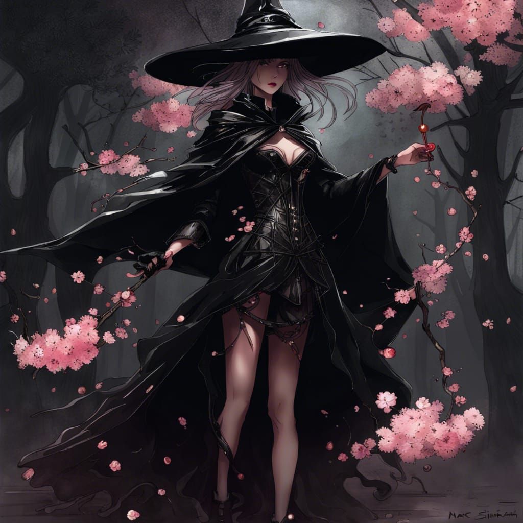 Beautiful Blossom Witch in Cyberpunk Style