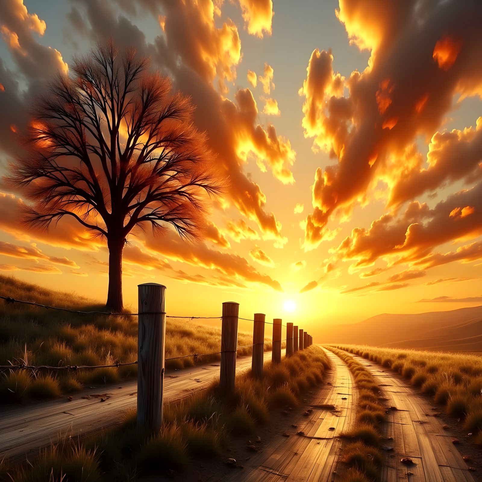 Dreamy Sunset Landscape with Swirling Clouds
