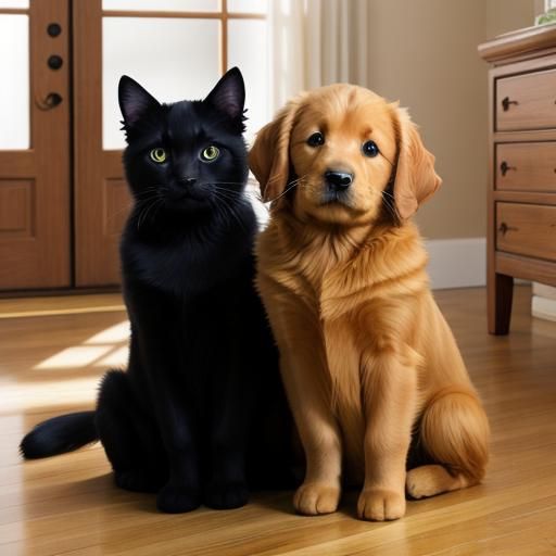 Black Cat and Golden Retriever Puppy