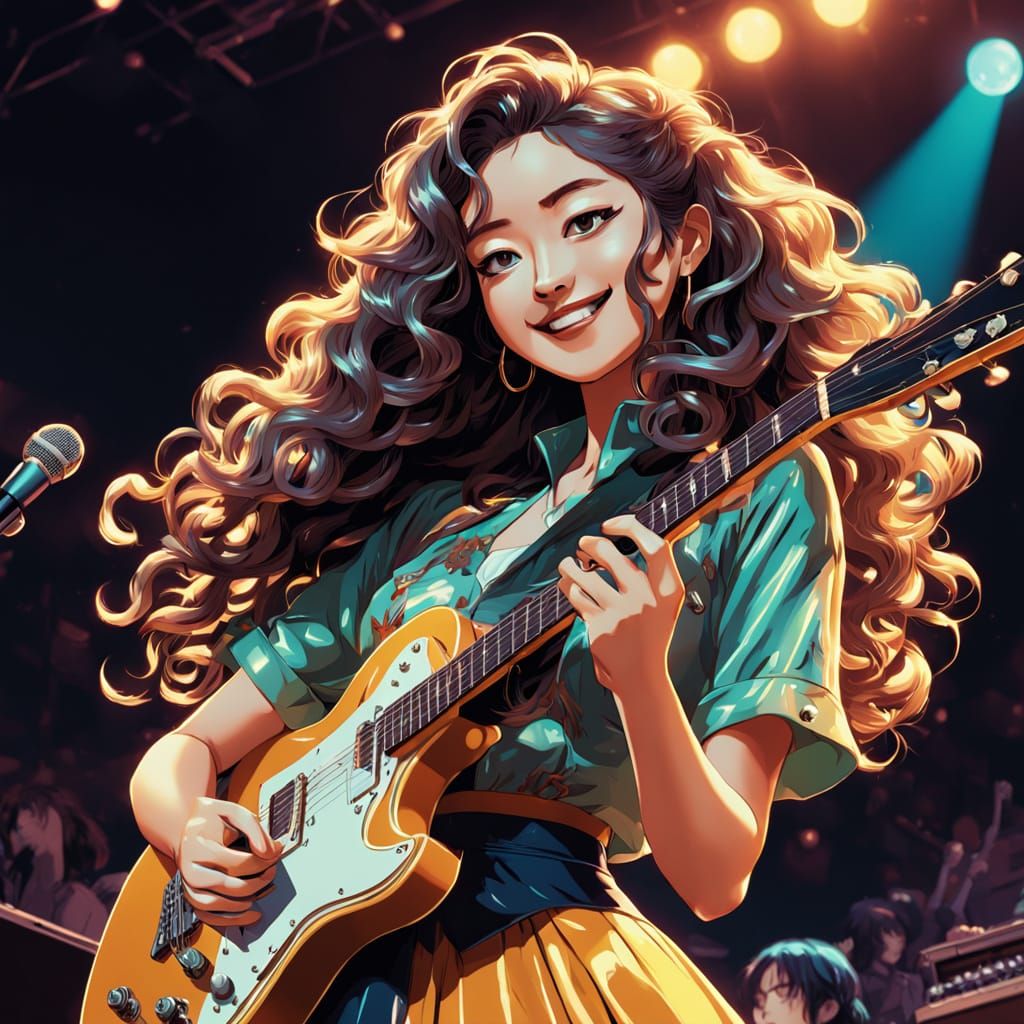 Retro Anime Concert Art of a Young Guitarist