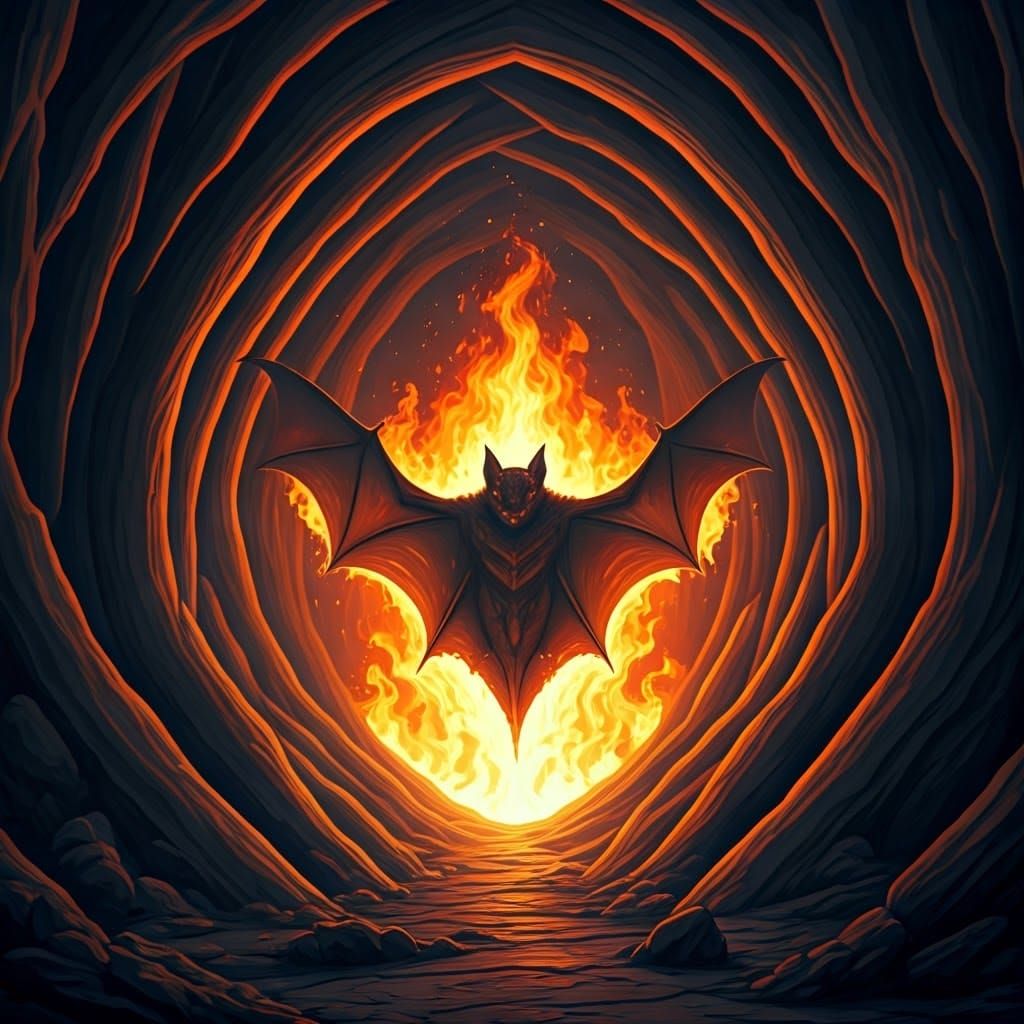 Fiery Bat Emerges from Cave in Sci-Fi Style
