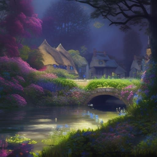 Cottagecore Village by Lake with Flower Garden