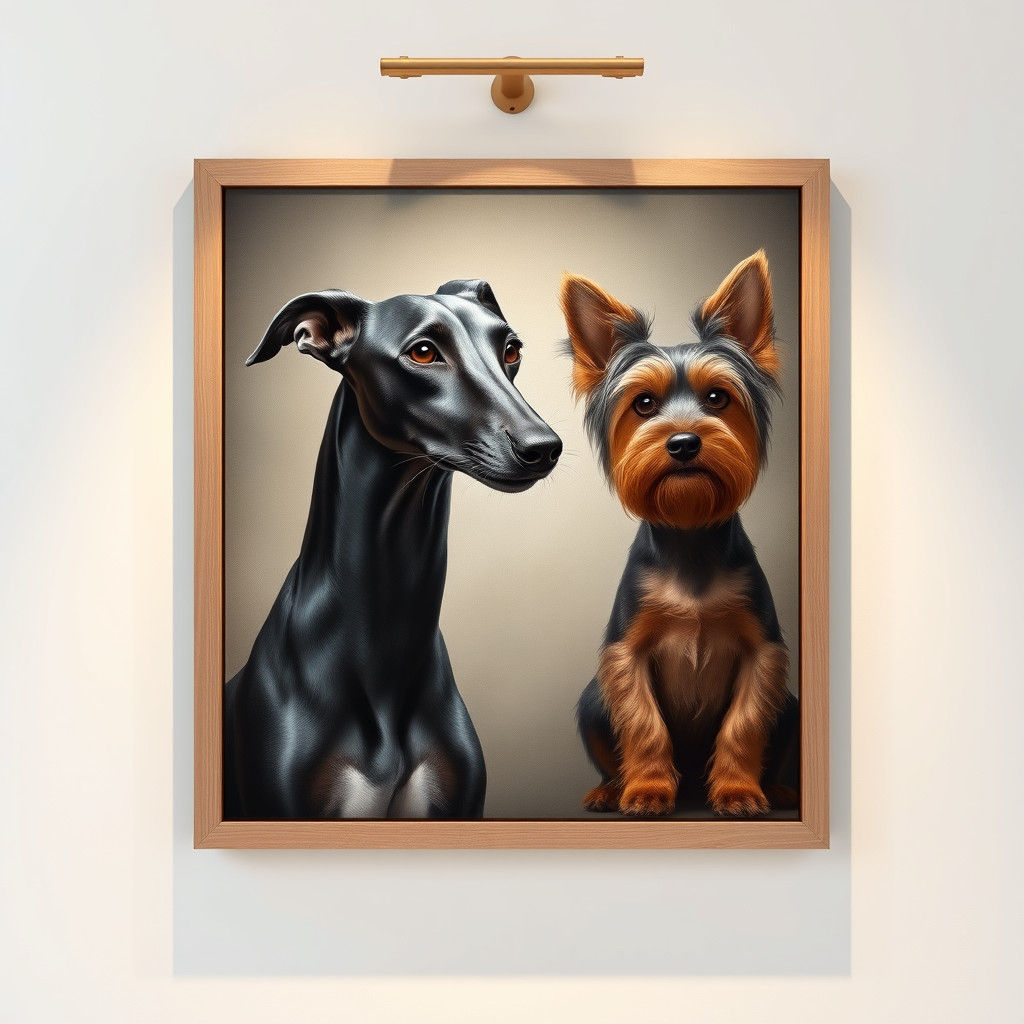 Greyhound and Yorkshire Terrier Oil Painting in Frame
