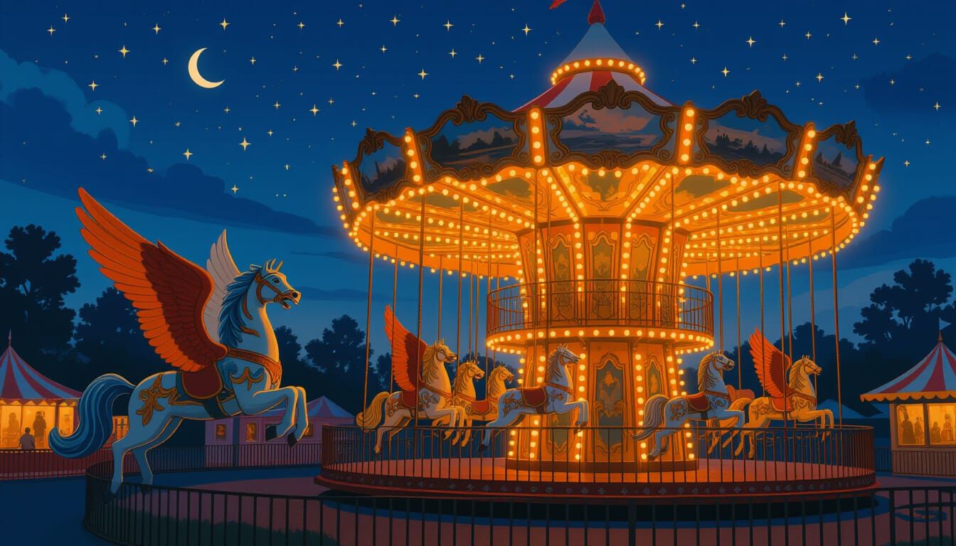 Vintage Carousel at Twilight Carnival in Storybook Style