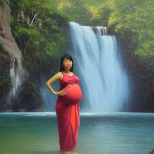 Pregnant Woman Posing at Seaside Resort Waterfall