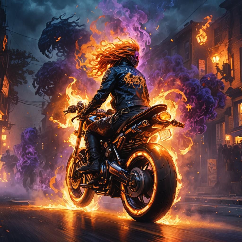 Ghost Rider on Moto Feu in Dark Fantasy Style