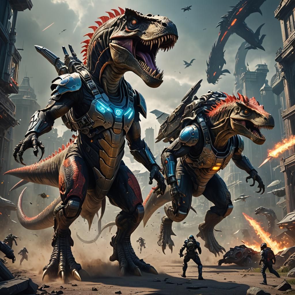 Cyborg T-Rex Battles Dragon in Futuristic Universe