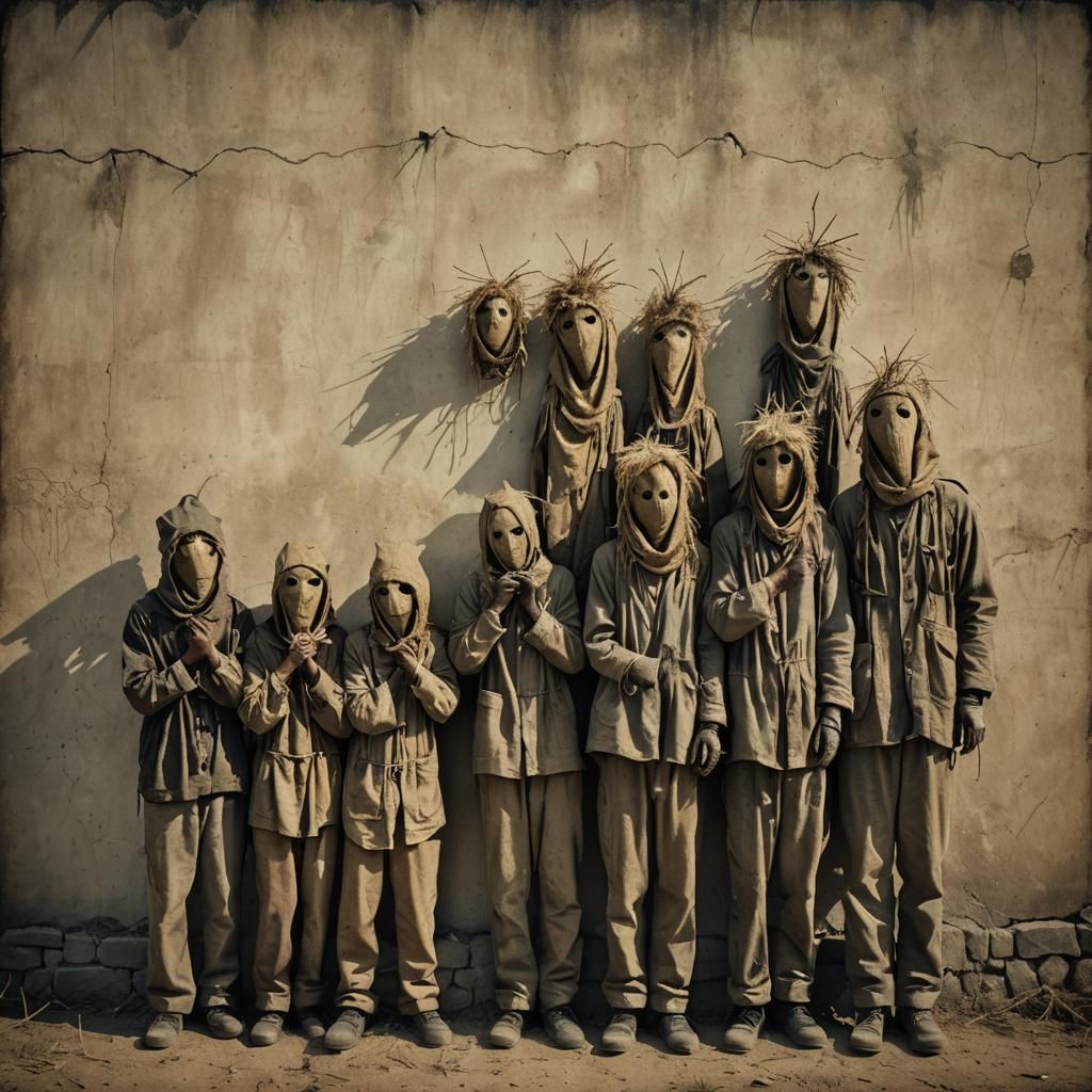 Cinematic Scarecrows Against Bullet-Pocked Wall