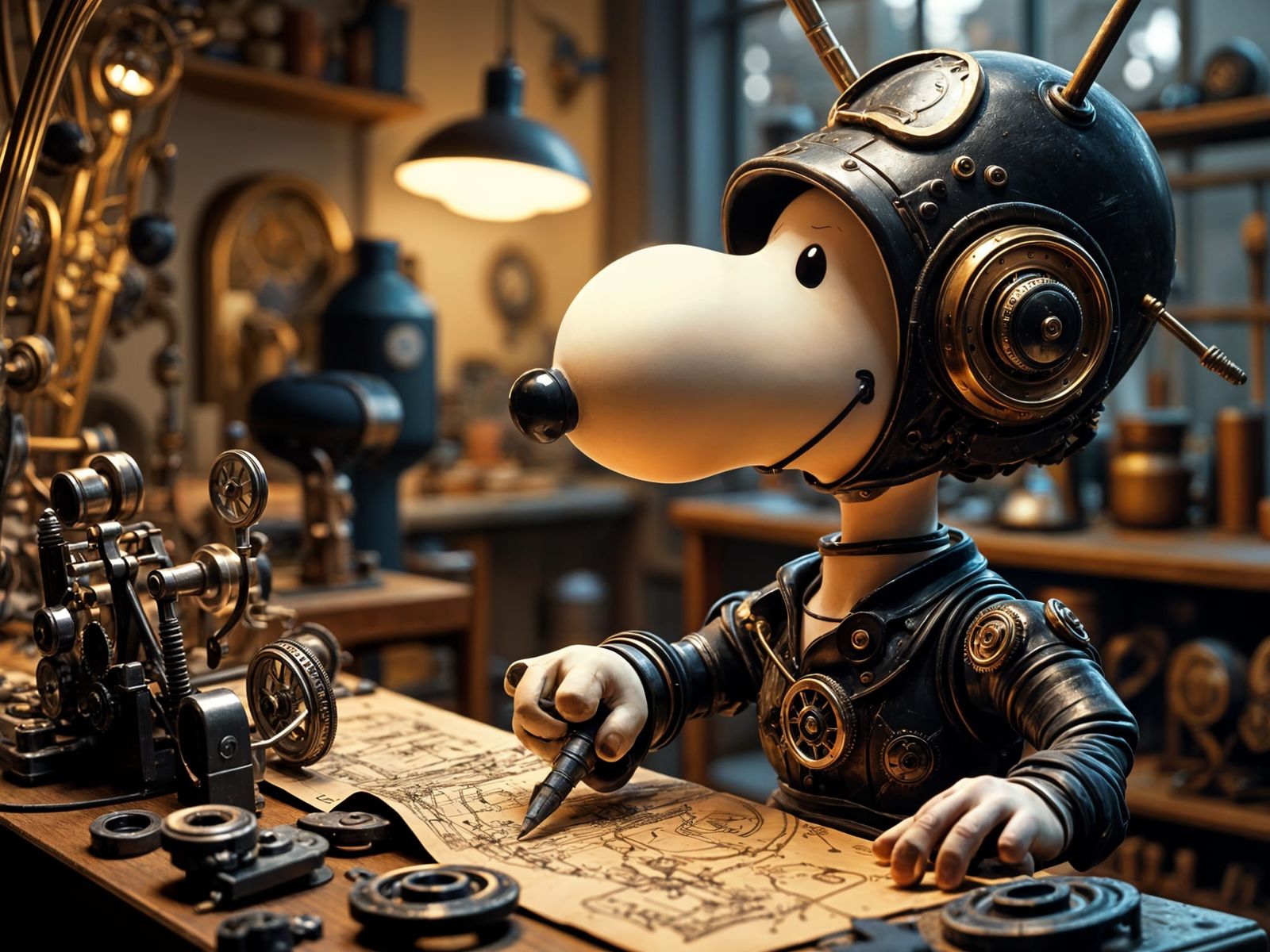 Snoopy as a steampunk artificer, tinkering with clockwork ga...