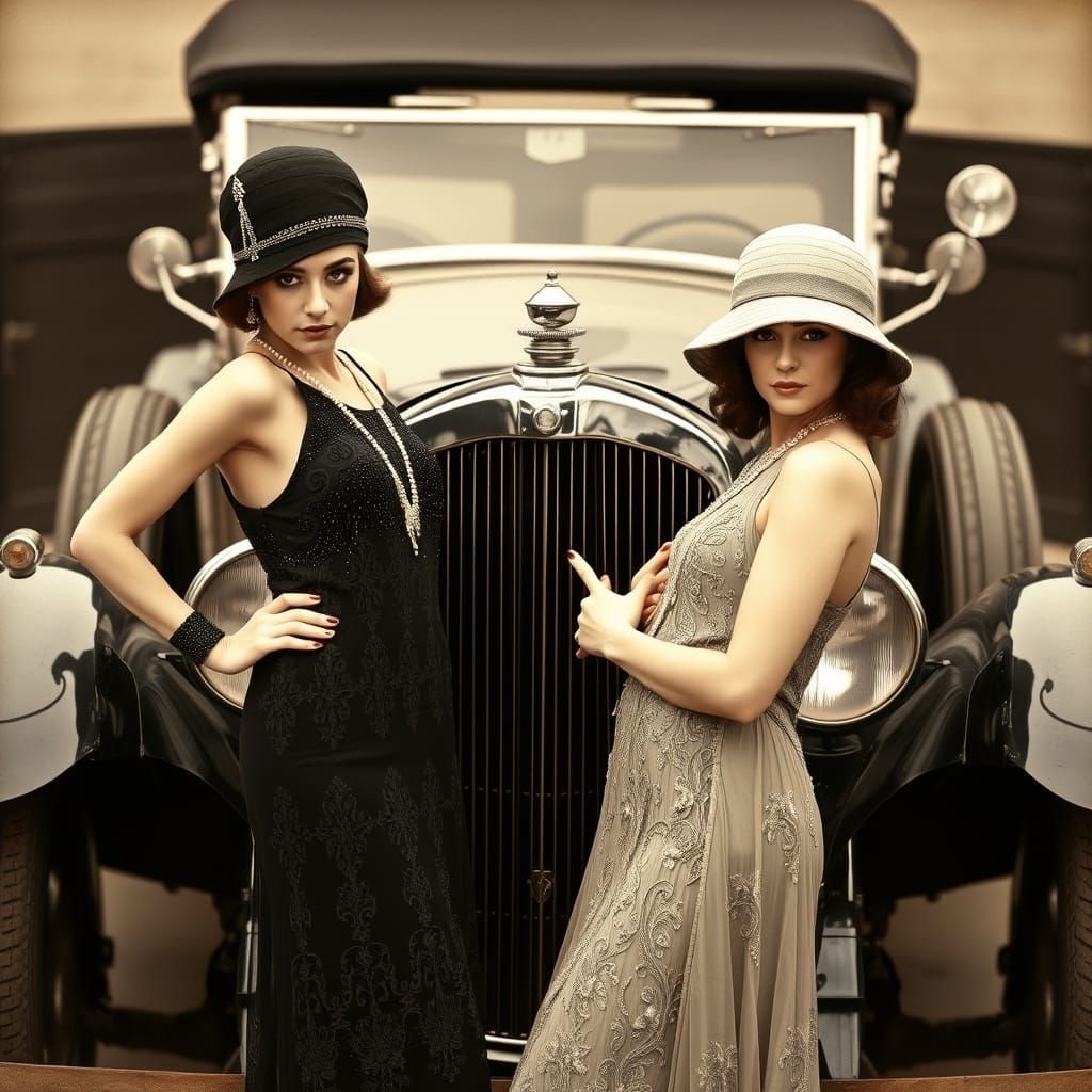 Elegant Flappers Pose with Vintage Roadster
