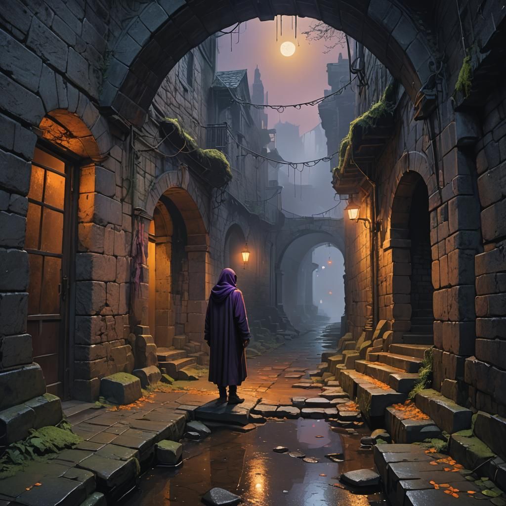 Hooded Figure in Rainy Alleyway: Digital Art