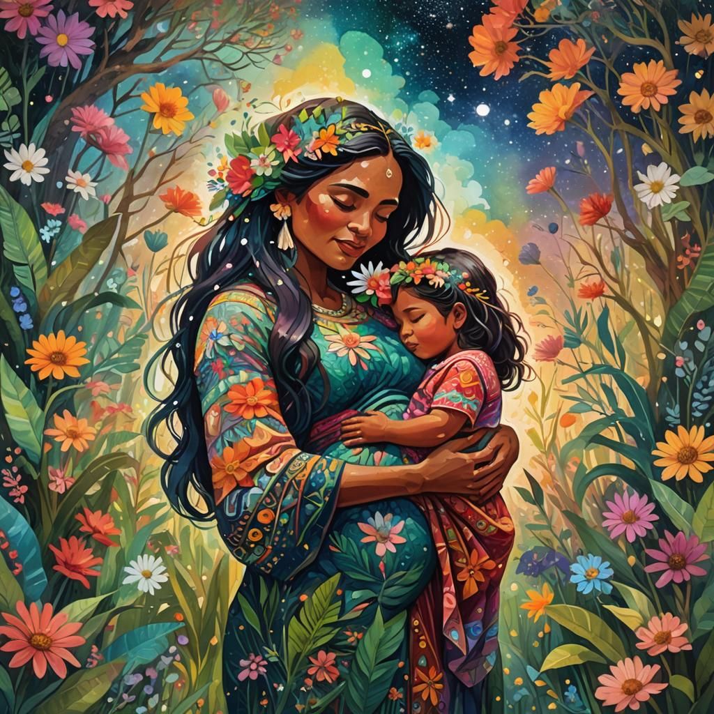 Pregnant Woman and Child in Gouache Style