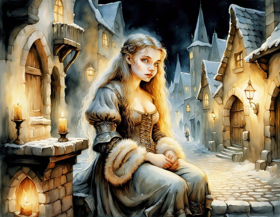 Dwarf Smith in Medieval Street, Watercolor Illustration