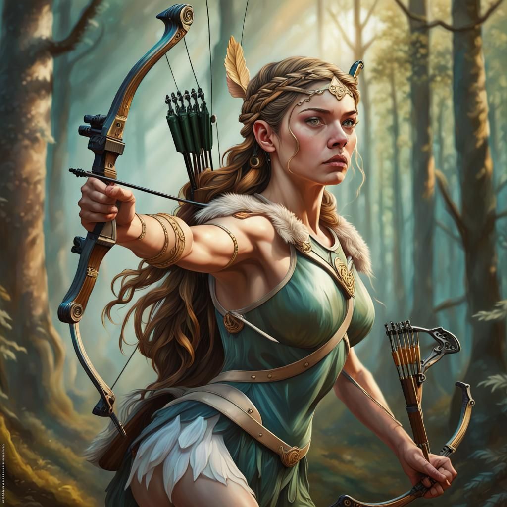 Artemis Hunting in the Woods: Hyperrealistic Art