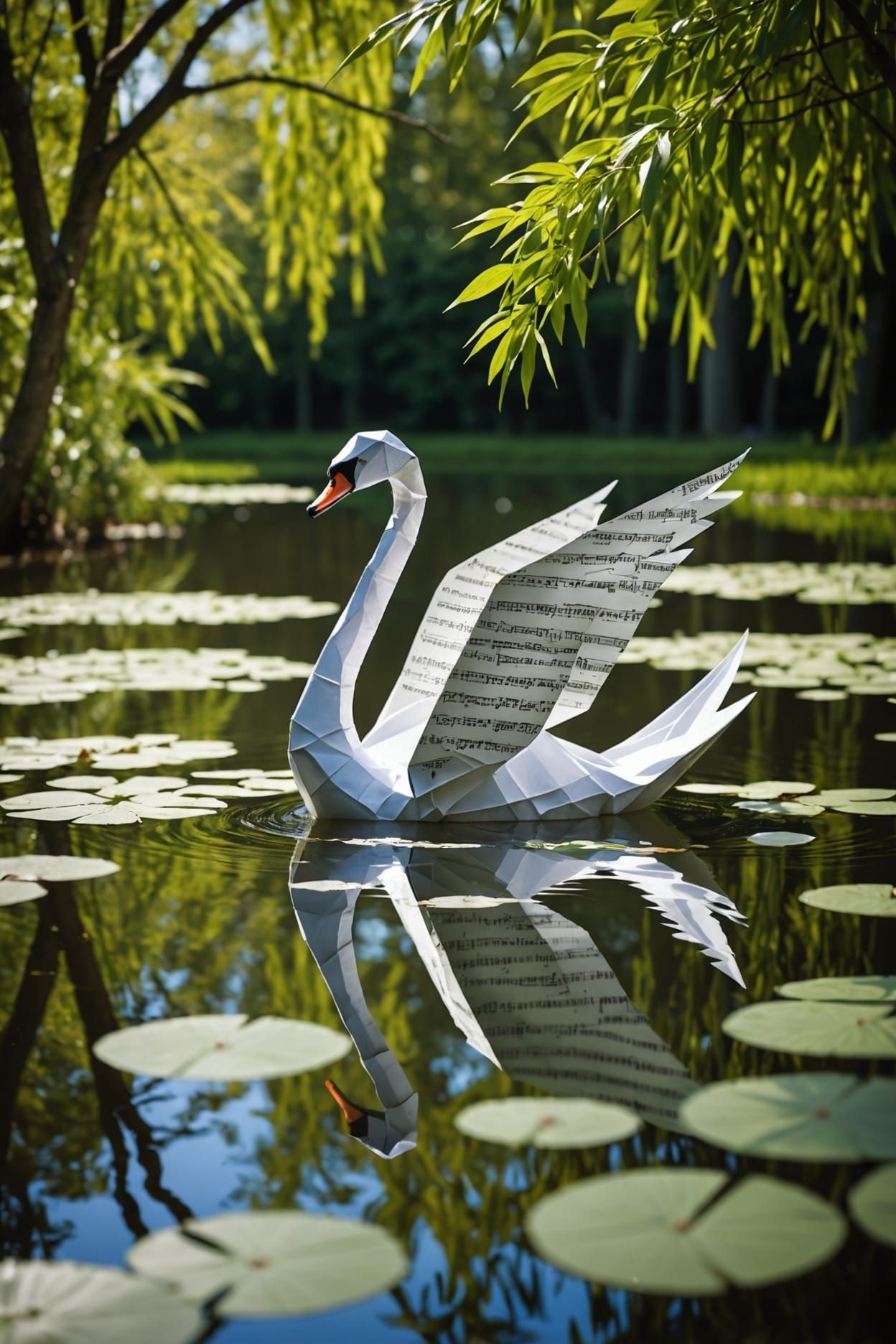 Origami Swan Made of Sheet Music on Lily Pond