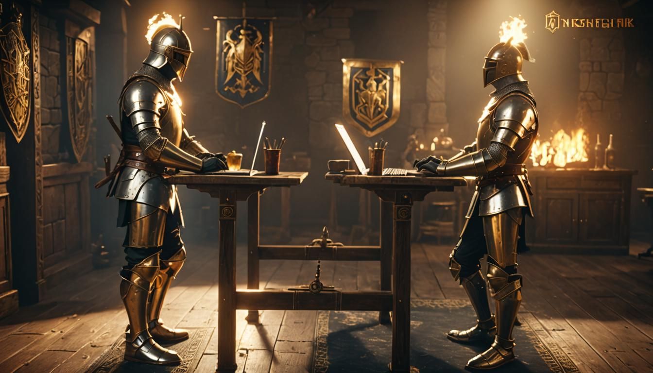 Knights Working on Laptops in a 3D Game Cinematic