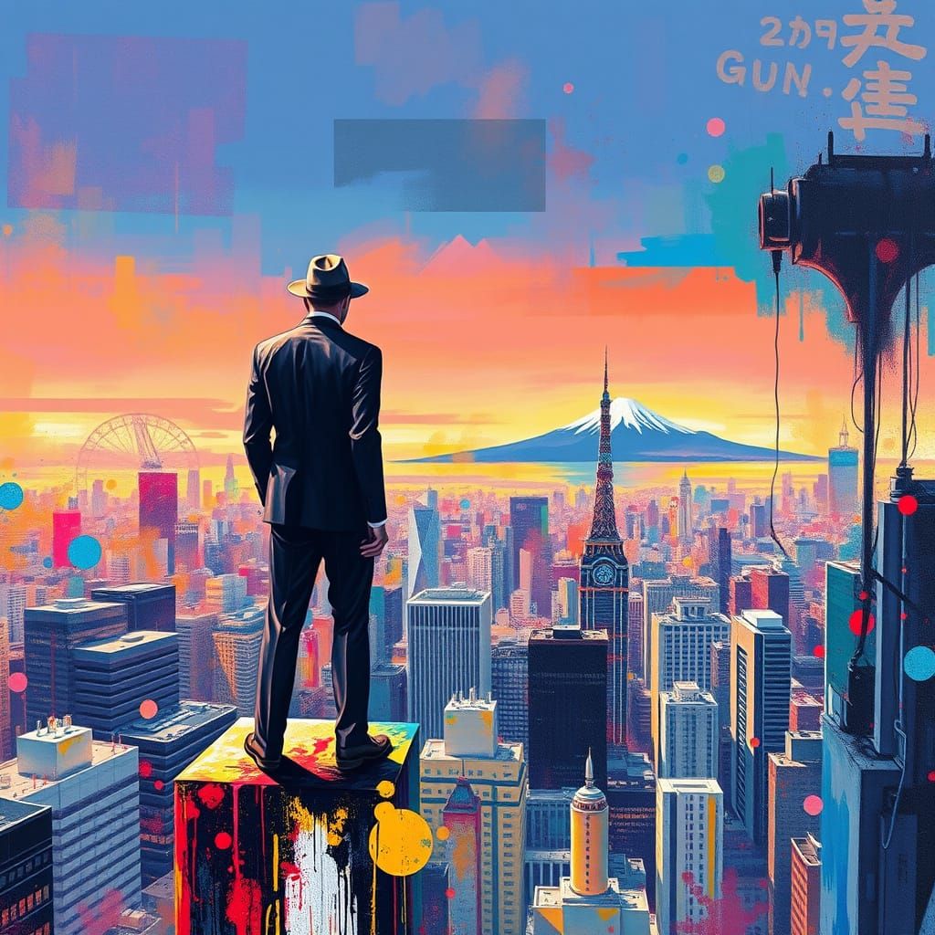Tokyo Skyscraper View with Figure in Graffiti Art Style
