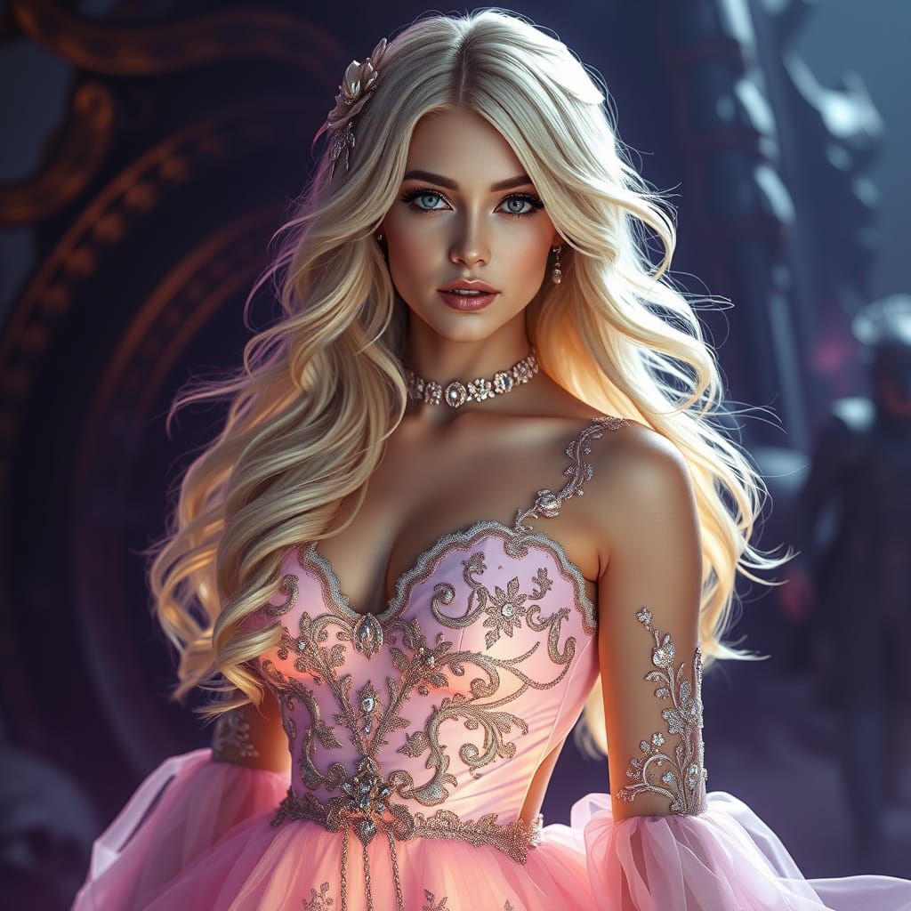 A luminous woman with cascading blonde hair She wears a luxurious pale pink gown intricately adorned with silver embelli...