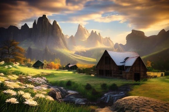 Cozy Homestead Landscape with Dramatic Sunset Sky