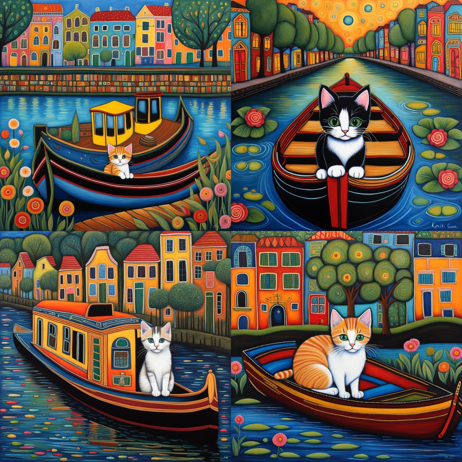 Folk Art Kitten on River Canal Boat