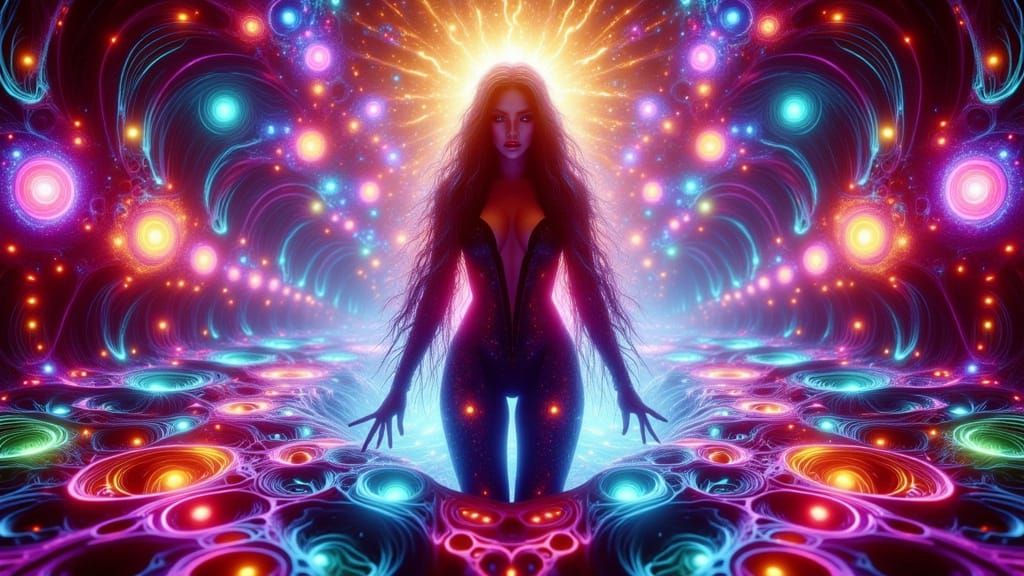 Kaleidoscopic Surreal Landscape with Futuristic Pin-Up