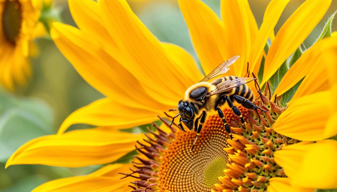 Macro Photo of Bee Collecting Nectar in Sunflower Field