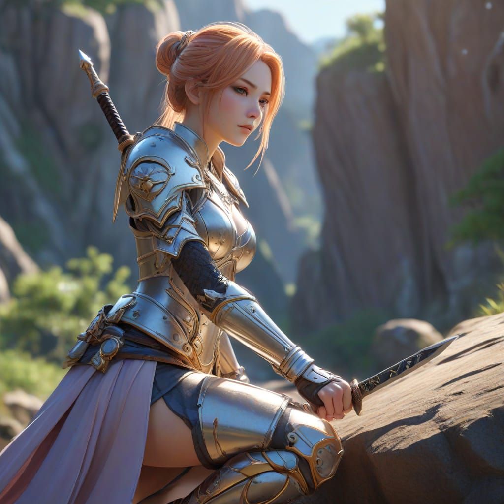 Anime Warrior Woman on Cliff Edge