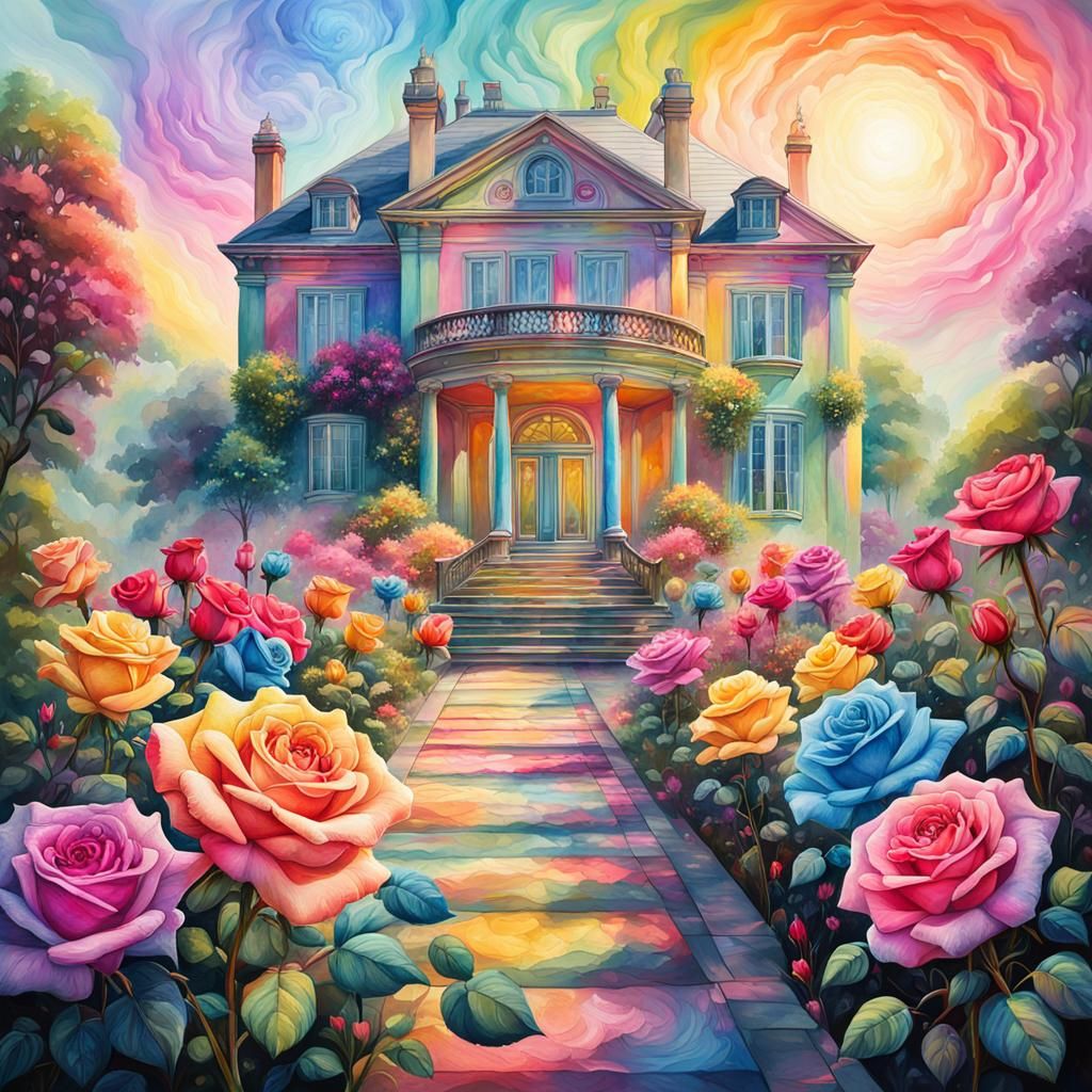 Rainbow Roses in Cosmic Surrealism Garden