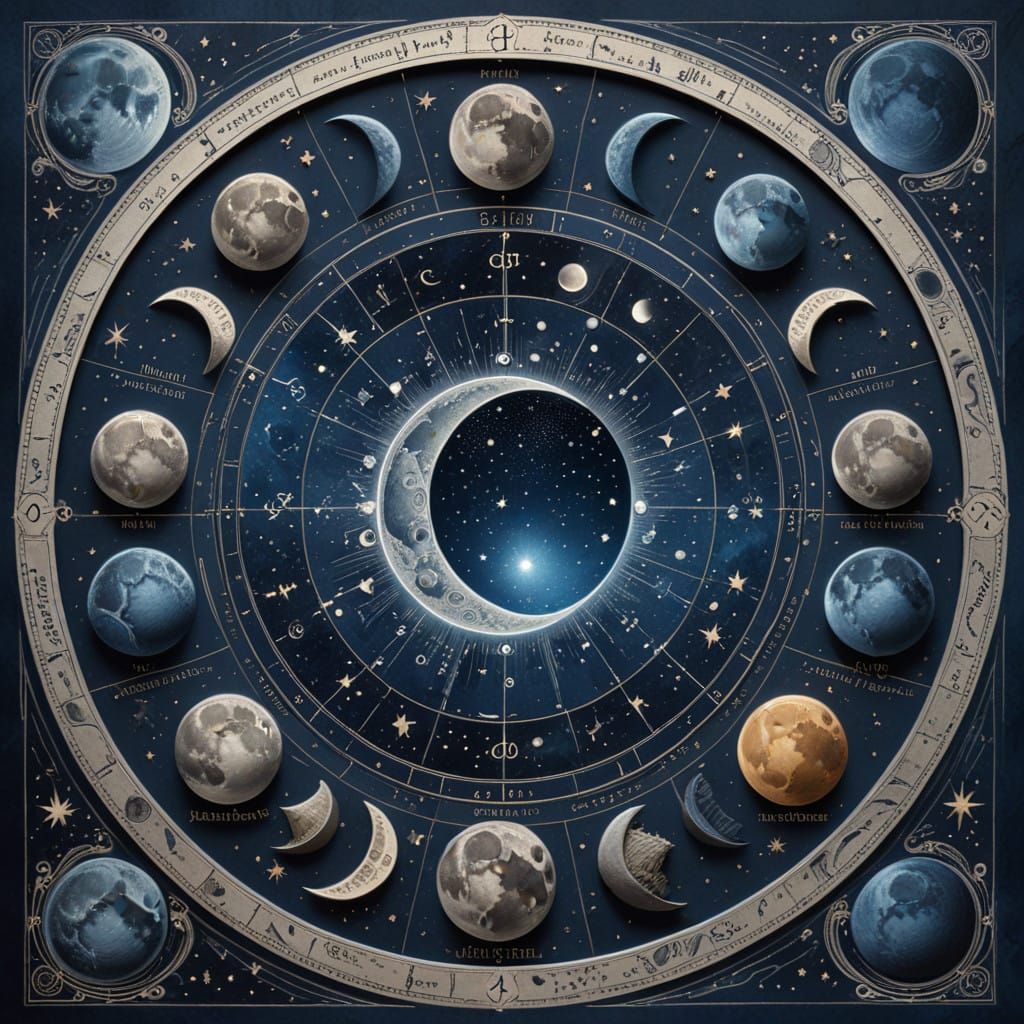 Celestial Moon Phase Cycle in Whimsical Linocut Style