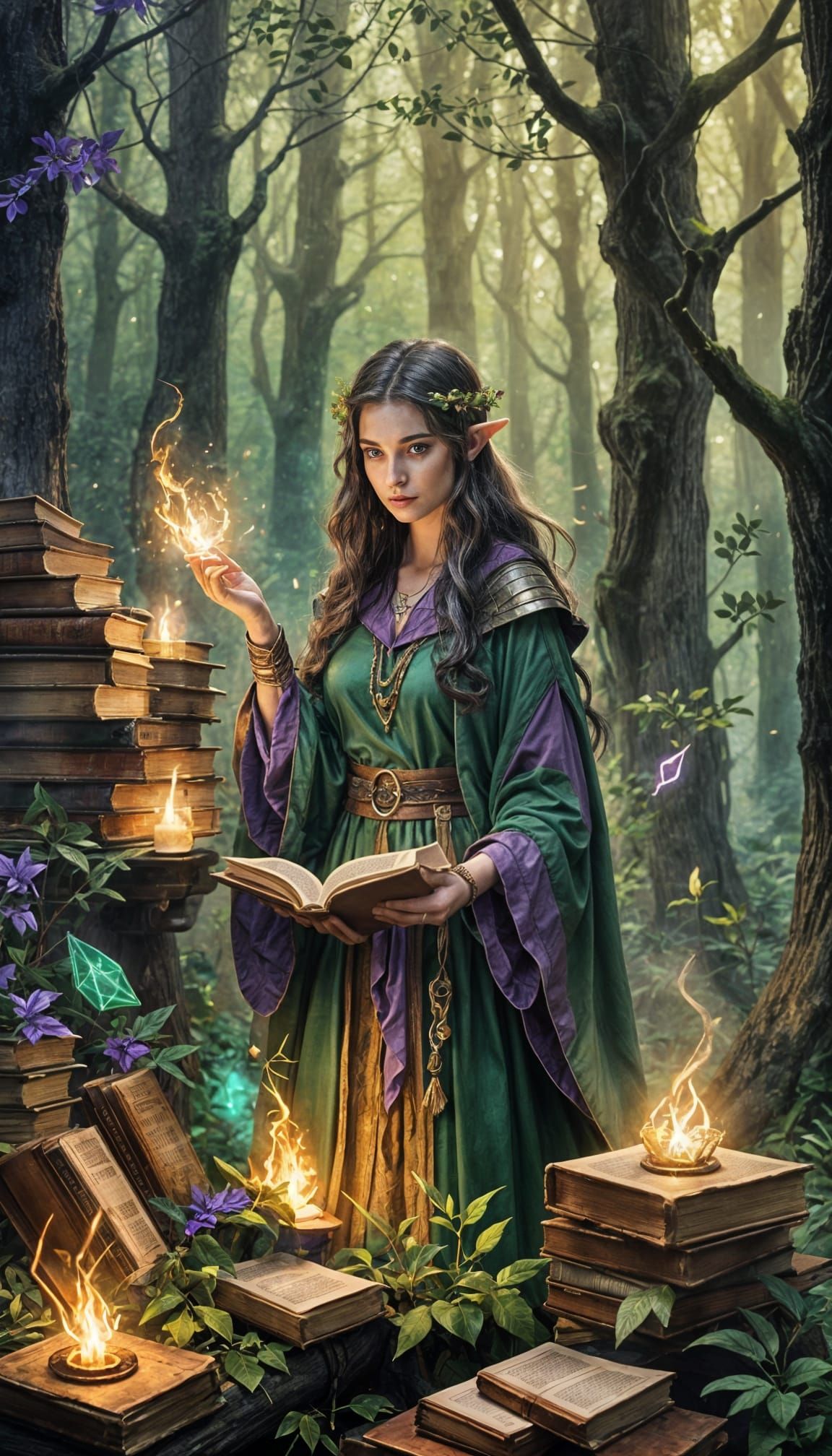 Half-Elf Wizard in Library with Violet Eyes