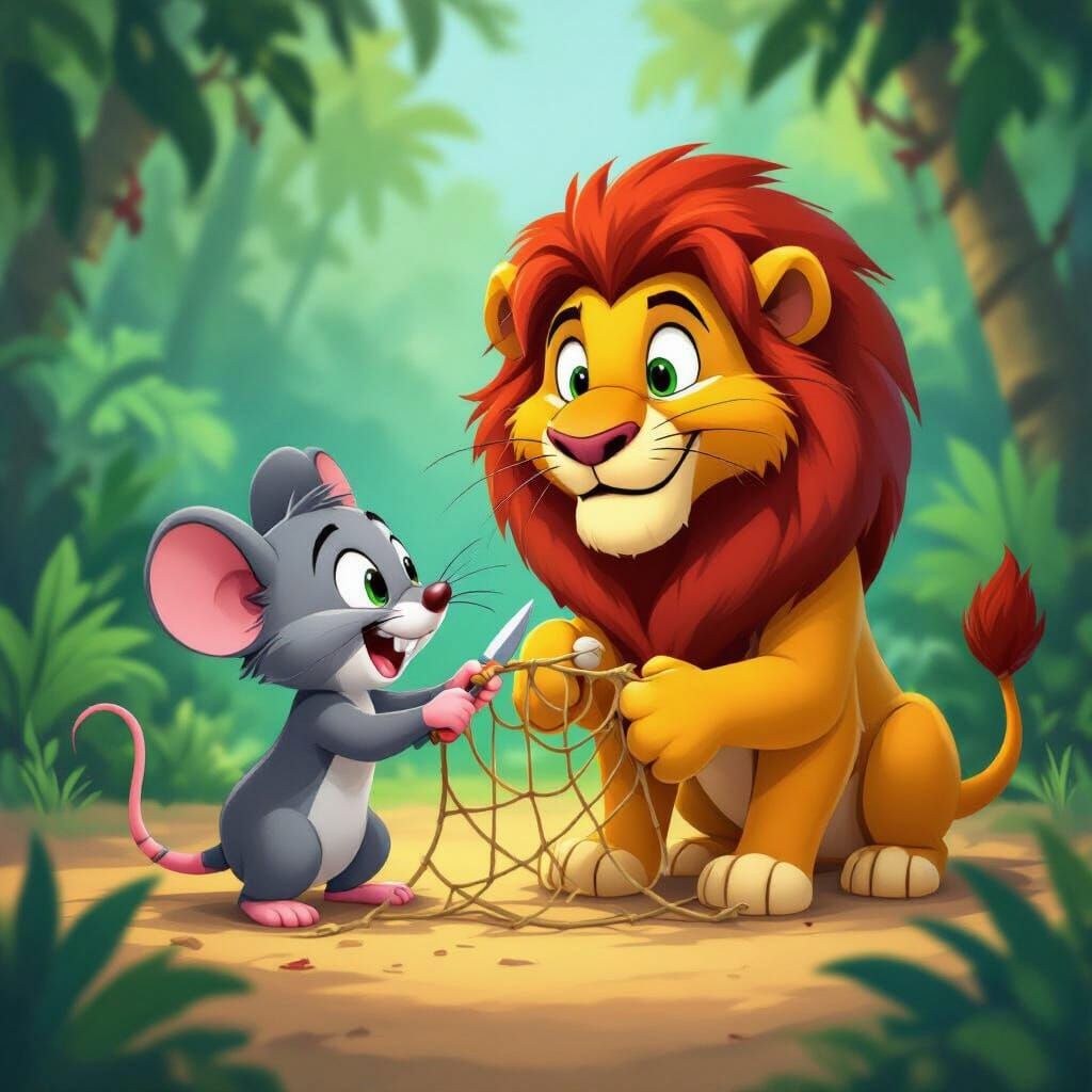 Brave Mouse Frees Grateful Lion in Colorful Jungle Cartoon