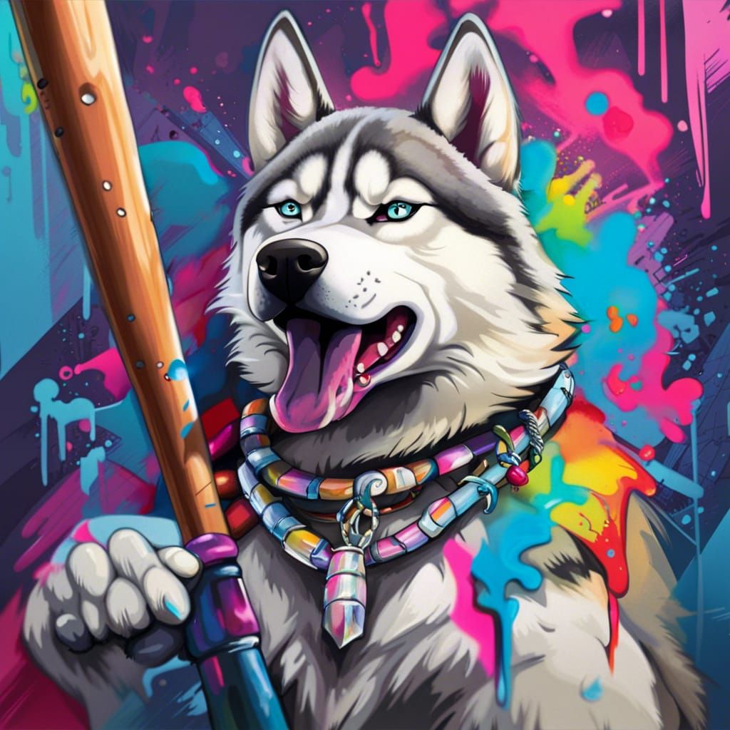 Husky with Baseball Bat in Graffiti Art Style