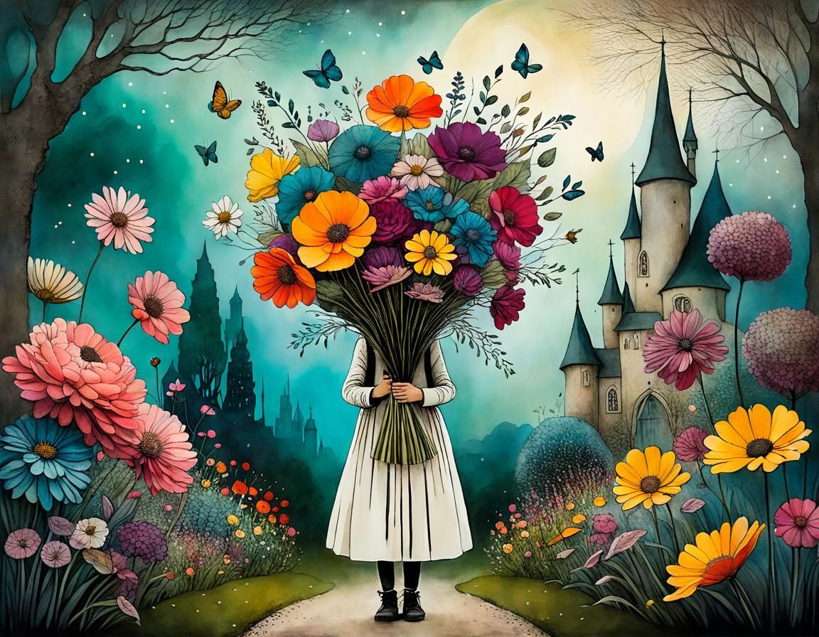 Girl with Flower Bouquet in Magical Garden