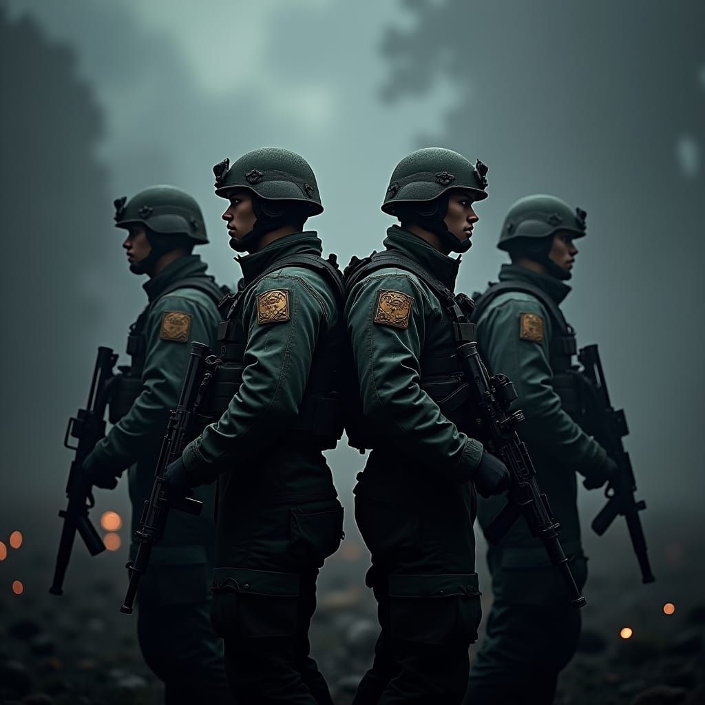 Squad of Soldiers in Circular Formation with Dramatic Lighti...