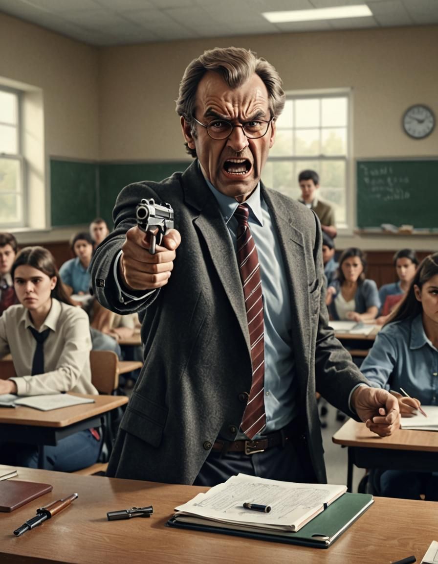 Angry Teacher Aims Pistol in Classroom, Photorealistic