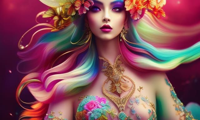 Colorful Fantasy Bird in Airbrush Art Nouveau Style