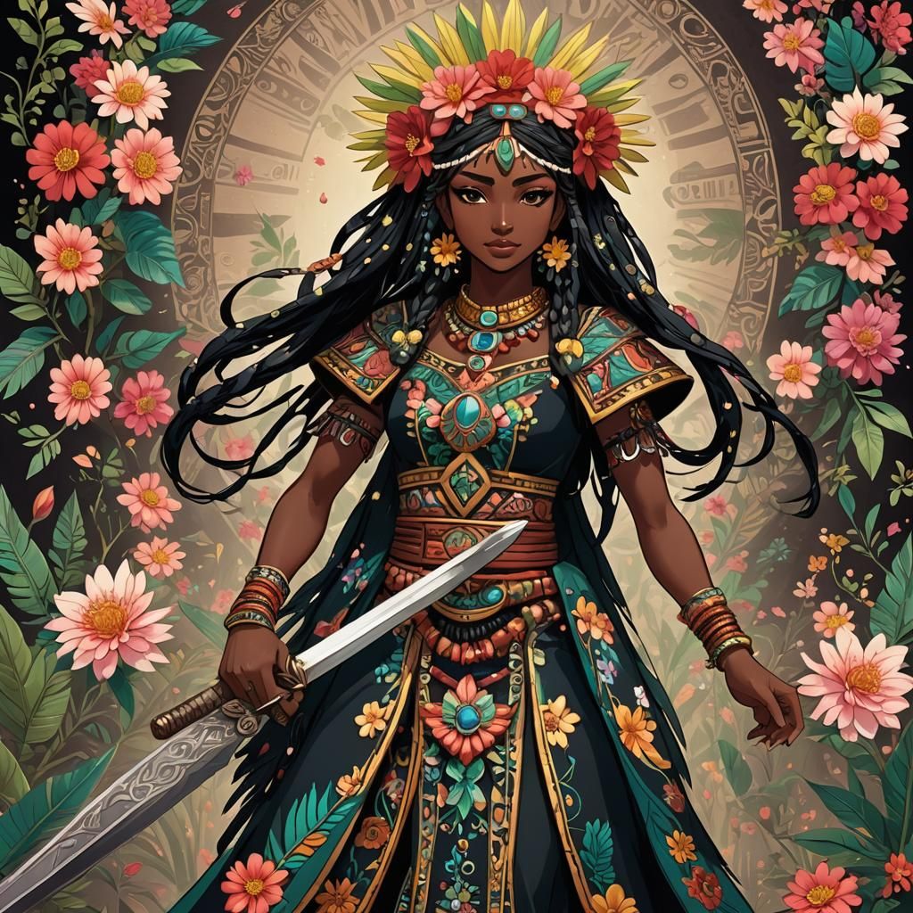 Anime Aztec Girl with Obsidian Sword in Mayan Setting