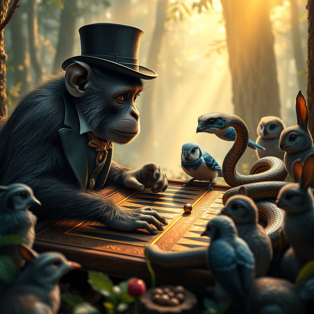 Hyperrealistic Monkey Plays Backgammon in Forest